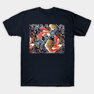 FLYING CRANES ,FLOWERS, SEA WAVES RED NAVY BLUE FLORAL T-Shirt